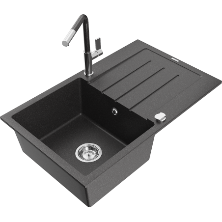 Mexen Bruno fregadero de granito de 1 cubeta con escurridor y grifo de cocina Flora, negro moteado - 6513-76-670401-08