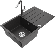 Mexen Bruno fregadero de granito de 1 cubeta con escurridor y grifo de cocina Flora, negro moteado - 6513-76-670401-08