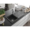 Mexen Bruno 1-bowl granite sink with drainer and Flora kitchen tap, speckled black - 6513-76-670401-08