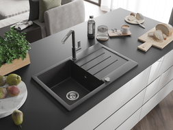 Mexen Bruno fregadero de granito de 1 cubeta con escurridor y grifo de cocina Flora, negro moteado - 6513-76-670401-08