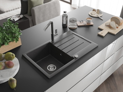 Mexen Bruno Granitspüle 1-Becken mit Abtropffläche und Küchenarmatur Flora, schwarz gesprenkelt - 6513-76-670401-08