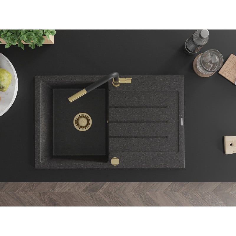 Mexen Bruno fregadero de granito de 1 cubeta con escurridor y grifo de cocina Flora, negro moteado - 6513-76-670401-57-G