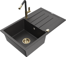 Mexen Bruno fregadero de granito de 1 cubeta con escurridor y grifo de cocina Flora, negro moteado - 6513-76-670401-57-G