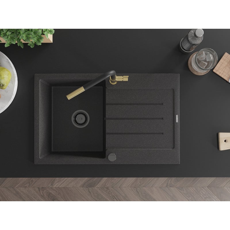 Mexen Bruno lava-loiça de granito 1-câmara com escorredor e torneira de cozinha Flora, preto salpicado - 6513-76-670401-57-B