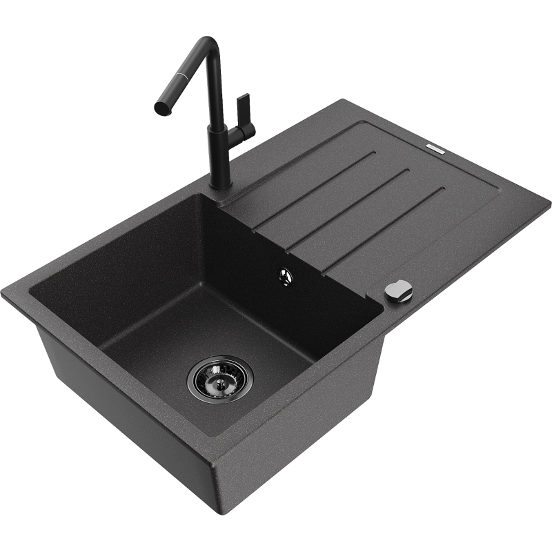 Mexen Bruno Granitspüle 1-Becken mit Abtropffläche und Küchenarmatur Flora, schwarz gesprenkelt - 6513-76-670401-70-B