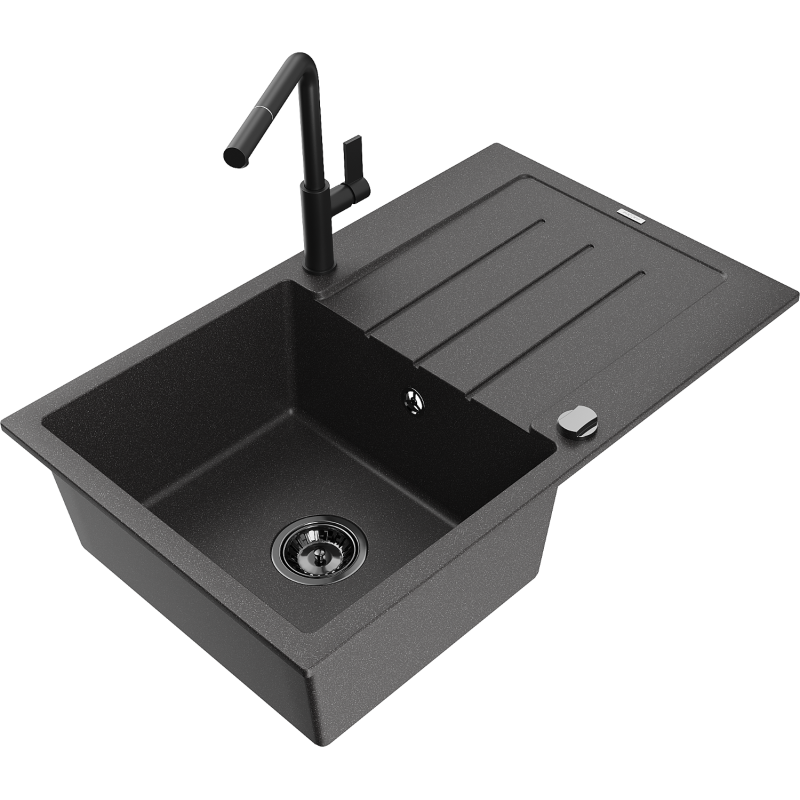 Mexen Bruno lava-loiça de granito de 1 bacia com escorredor e torneira de cozinha Flora, preto salpicado - 6513-76-670401-70-B