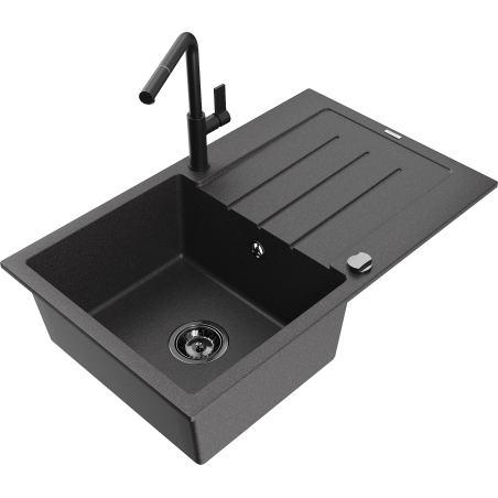 Mexen Bruno granite sink 1-bowl with drainer and Flora kitchen tap, speckled black - 6513-76-670401-70-B