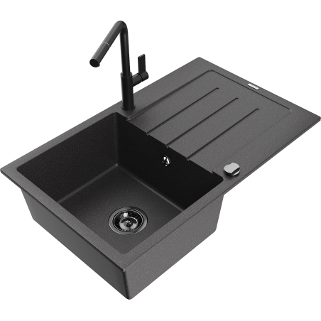 Mexen Bruno Granitspüle 1-Becken mit Abtropffläche und Küchenarmatur Flora, schwarz gesprenkelt - 6513-76-670401-70-B