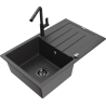Mexen Bruno granite sink 1-bowl with drainer and Flora kitchen tap, speckled black - 6513-76-670401-70-B