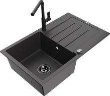 Mexen Bruno fregadero de granito de 1 cubeta con escurridor y grifo de cocina Flora, negro moteado - 6513-76-670401-70-B