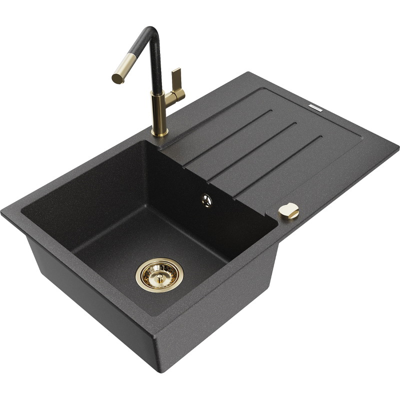 Mexen Bruno fregadero de granito de 1 seno con escurridor y grifo de cocina Flora, negro moteado - 6513-76-670401-75-G