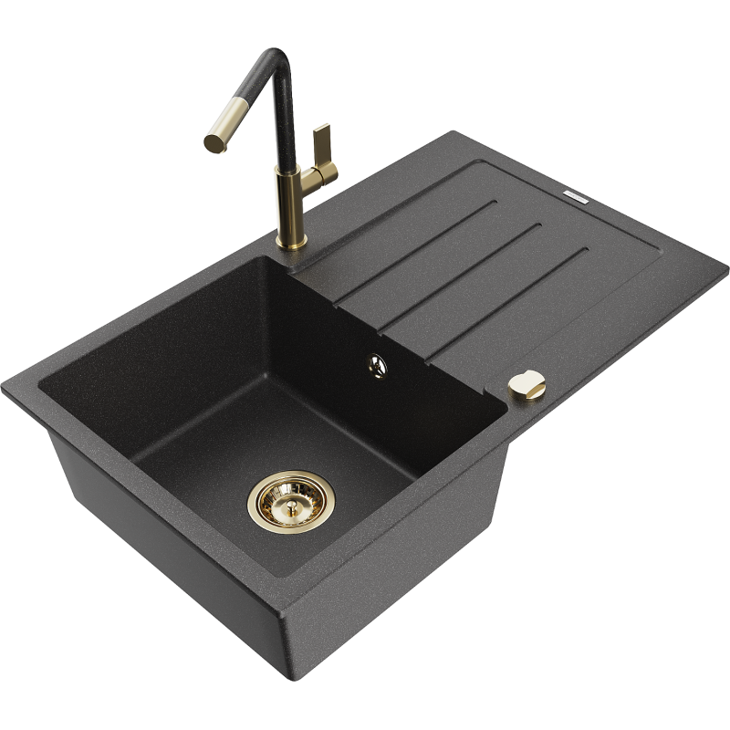 Mexen Bruno granite kitchen sink 1-bowl with drainer and Flora kitchen tap, speckled black - 6513-76-670401-75-G