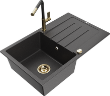 Mexen Bruno fregadero de cocina de granito de 1 seno con escurridor y grifo Flora, negro moteado - 6513-76-670401-75-G