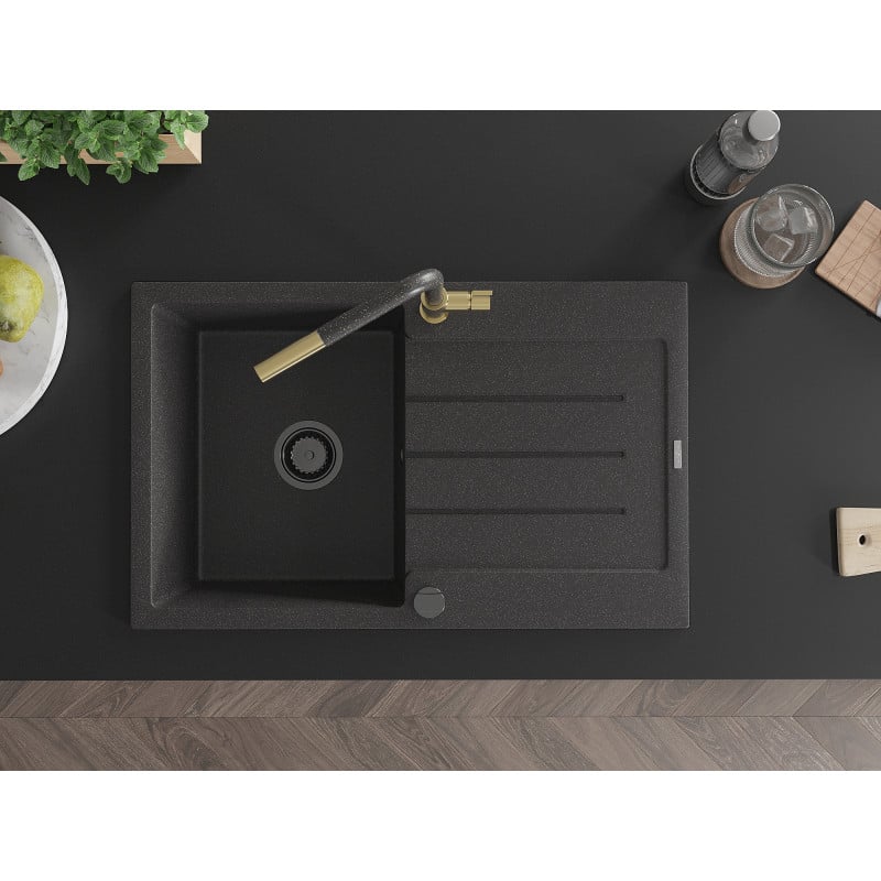 Mexen Bruno fregadero de granito de 1 seno con escurridor y grifo de cocina Flora, negro moteado - 6513-76-670401-75-B