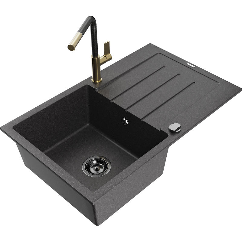Mexen Bruno fregadero de granito de 1 seno con escurridor y grifo de cocina Flora, negro moteado - 6513-76-670401-75-B