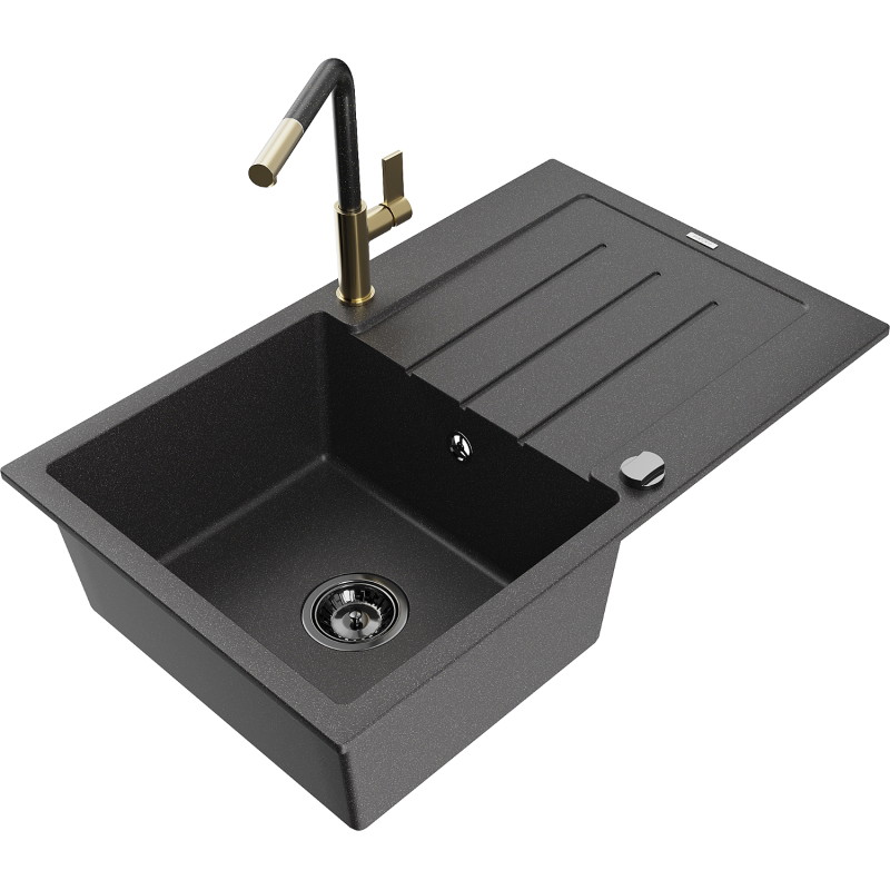 Mexen Bruno fregadero de granito de 1 tazón con escurridor y grifo de cocina Flora, negro moteado - 6513-76-670401-75-B