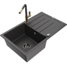 Mexen Bruno granite sink single bowl with drainer and Flora kitchen tap, speckled black - 6513-76-670401-75-B