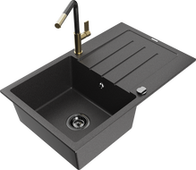 Mexen Bruno fregadero de granito de 1 seno con escurridor y grifo de cocina Flora, negro moteado - 6513-76-670401-75-B