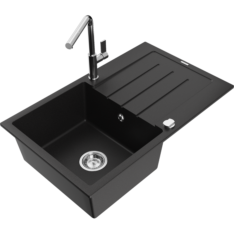 Mexen Bruno Granitspüle 1-Becken mit Abtropffläche und Küchenarmatur Flora, schwarz - 6513-77-670401-00