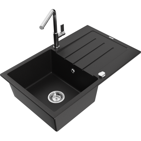 Mexen Bruno Granitspüle 1-Becken mit Abtropffläche und Küchenarmatur Flora, schwarz - 6513-77-670401-00