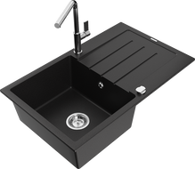 Mexen Bruno fregadero de granito de 1 cubeta con escurridor y grifo de cocina Flora, negro - 6513-77-670401-00