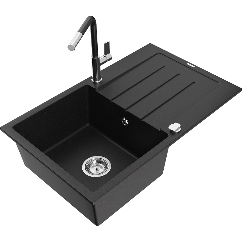 Mexen Bruno fregadero de granito de 1 compartimiento con escurridor y grifo de cocina Flora, negro - 6513-77-670401-07
