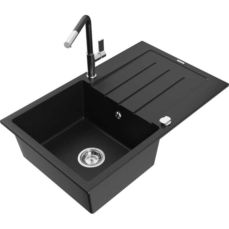 Mexen Bruno Granitspüle 1-becken mit Abtropffläche und Küchenarmatur Flora, schwarz - 6513-77-670401-07