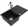 Mexen Bruno lava-louça granito 1-cuba com escorredor e torneira de cozinha Flora, preto - 6513-77-670401-07