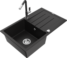 Mexen Bruno fregadero de granito de 1 compartimiento con escurridor y grifo de cocina Flora, negro - 6513-77-670401-07
