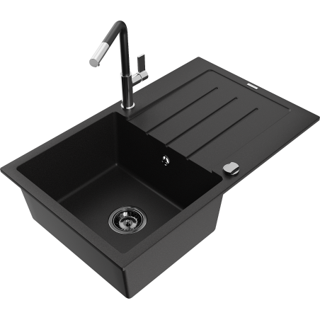 Mexen Bruno granite single-bowl kitchen sink with drainer and Flora faucet, black - 6513-77-670401-07-B