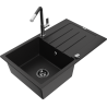 Mexen Bruno granite single-bowl kitchen sink with drainer and Flora faucet, black - 6513-77-670401-07-B