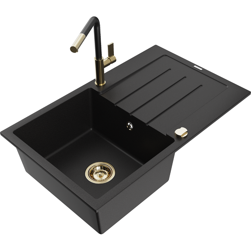Mexen Bruno fregadero de granito 1-cubeta con escurridor y grifo de cocina Flora, negro - 6513-77-670401-57-G