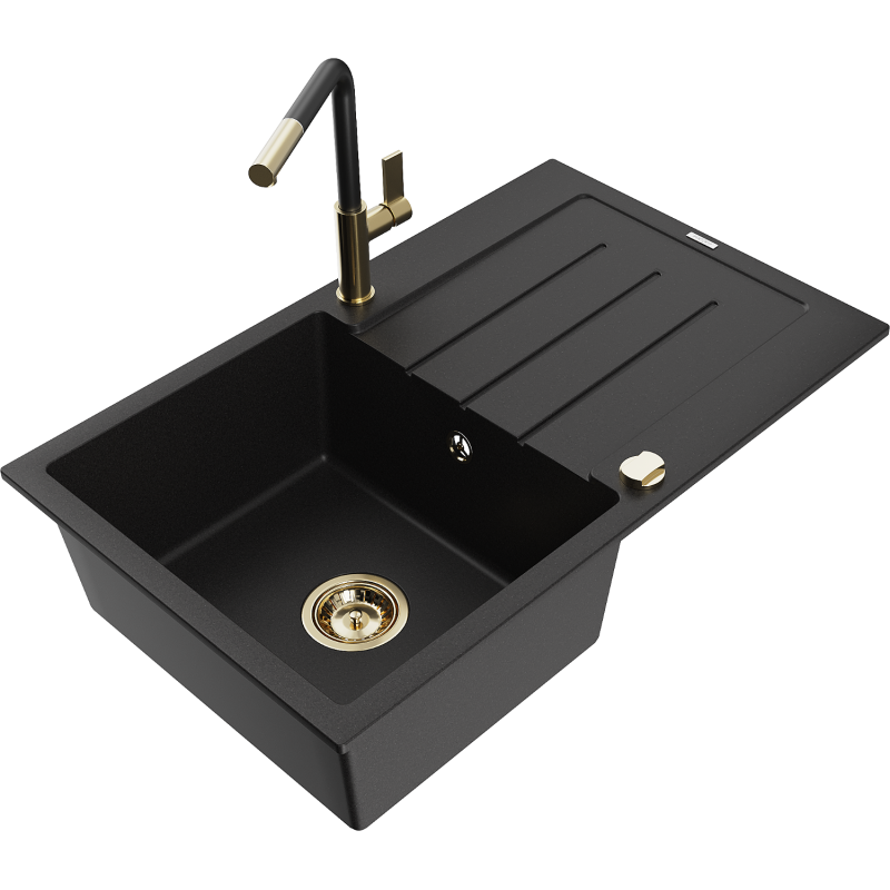 Mexen Bruno granite sink single-bowl with drainer and Flora kitchen tap, black - 6513-77-670401-57-G