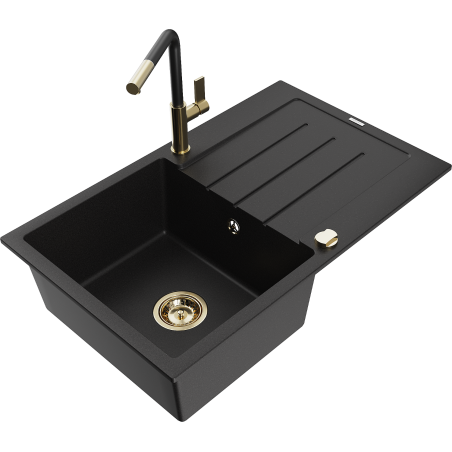 Mexen Bruno granite sink single-bowl with drainer and Flora kitchen tap, black - 6513-77-670401-57-G