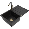 Mexen Bruno granite sink single-bowl with drainer and Flora kitchen tap, black - 6513-77-670401-57-G