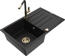 Mexen Bruno fregadero de granito 1-cubeta con escurridor y grifo de cocina Flora, negro - 6513-77-670401-57-G