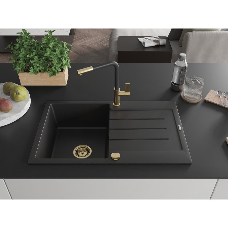 Mexen Bruno granite sink single-bowl with drainer and Flora kitchen tap, black - 6513-77-670401-57-G