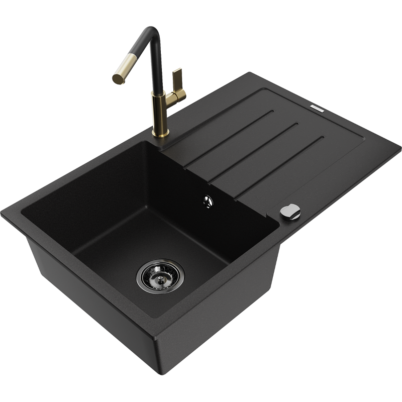 Mexen Bruno granite sink 1-bowl with drainer and Flora kitchen tap, black - 6513-77-670401-57-B