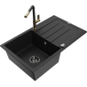 Mexen Bruno granite sink 1-bowl with drainer and Flora kitchen tap, black - 6513-77-670401-57-B