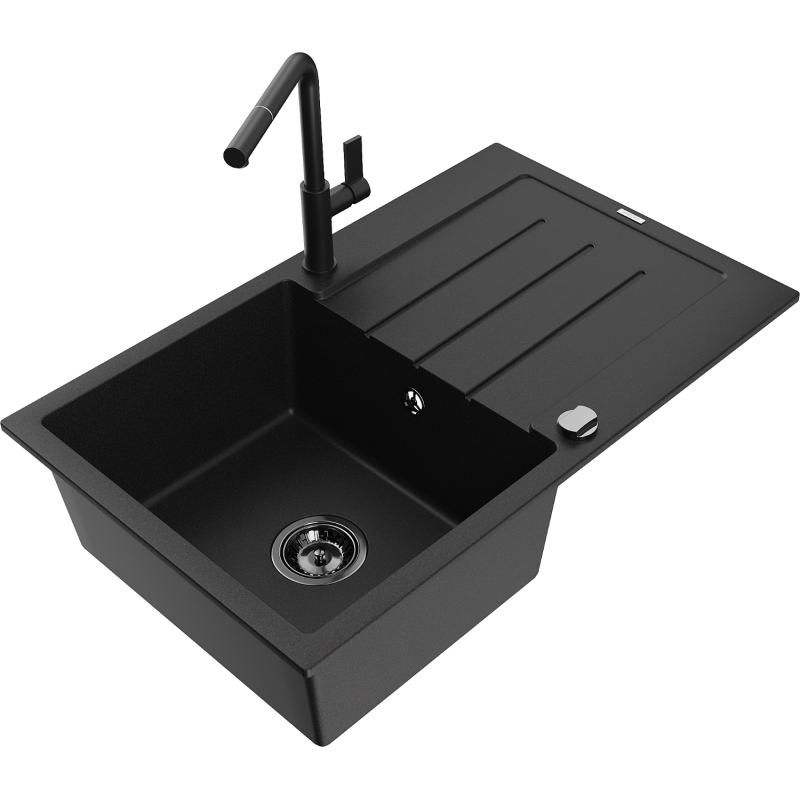 Mexen Bruno Granitspüle 1-becken mit Abtropffläche und Küchenarmatur Flora, schwarz - 6513-77-670401-70-B
