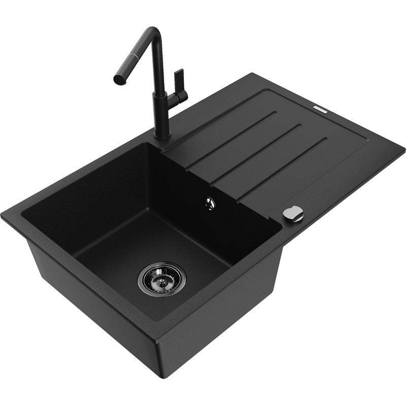 Mexen Bruno Granitspüle mit 1 Becken, Abtropffläche und Küchenarmatur Flora, schwarz - 6513-77-670401-70-B