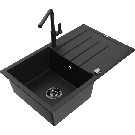 Mexen Bruno 1-bowl granite sink with drainer and Flora kitchen tap, black - 6513-77-670401-70-B