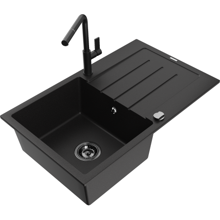 Mexen Bruno Granitspüle mit 1 Becken, Abtropffläche und Küchenarmatur Flora, schwarz - 6513-77-670401-70-B