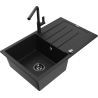 Mexen Bruno 1-bowl granite sink with drainer and Flora kitchen tap, black - 6513-77-670401-70-B