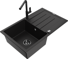 Mexen Bruno fregadero de granito de 1 compartimento con escurridor y grifo de cocina Flora, negro - 6513-77-670401-70-B