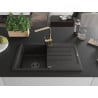 Mexen Bruno 1-bowl granite sink with drainer and Rita kitchen faucet, black/gold metallic - 6513-75-670300-50-B