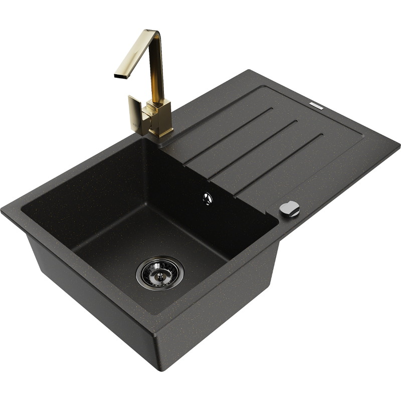 Mexen Bruno fregadero de granito de 1 tina con escurridor y grifo de cocina Rita, negro/oro metalizado - 6513-75-670300-50-B