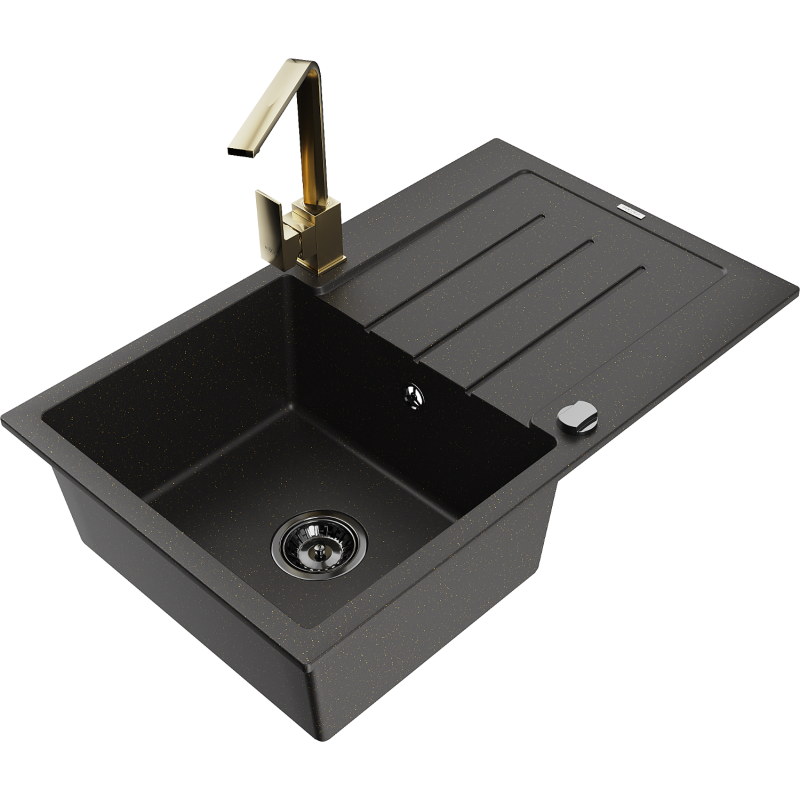 Mexen Bruno granitische gootsteen met één bak en afdruiprek en keukenmengkraan Rita, zwart/goud metallic - 6513-75-670300-50-B