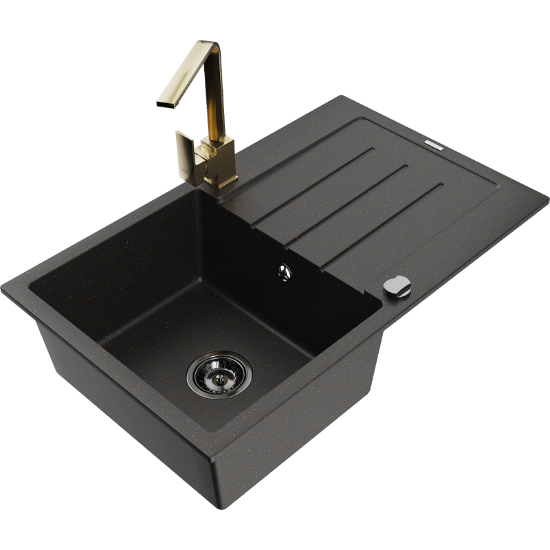 Mexen Bruno single-bowl granite sink with drainer and Rita kitchen tap, black/gold metallic - 6513-75-670300-50-B