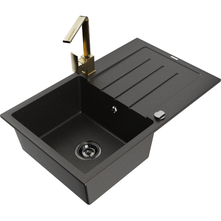 Mexen Bruno single-bowl granite sink with drainer and Rita kitchen tap, black/gold metallic - 6513-75-670300-50-B